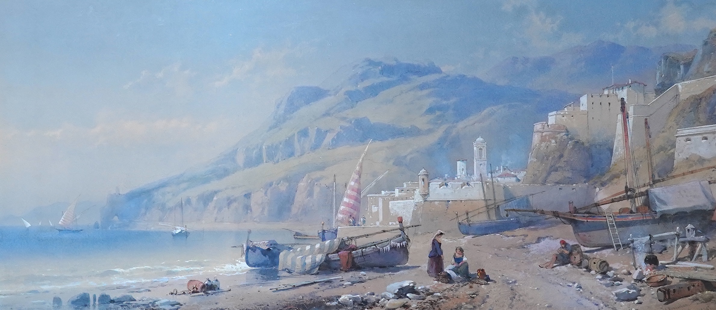 Thomas Charles Leeson Rowbotham Jnr (1823-1875), heightened watercolour, 'On the Coast, near Genoa', signed and numbered 259, 31 x 68cm, gilt framed. Condition - fair to good, very minor discolouration